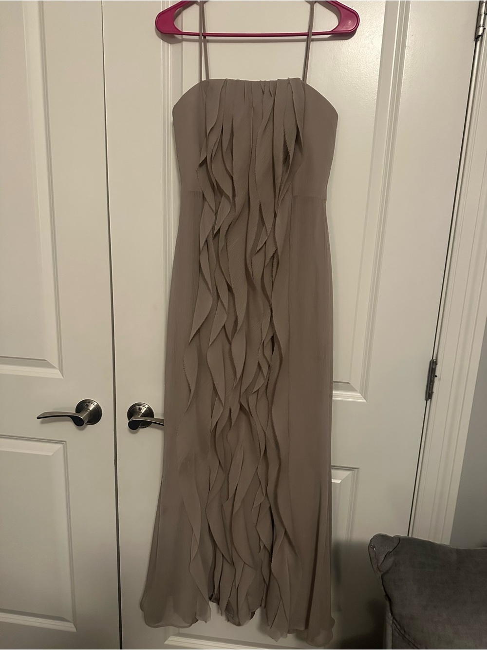 White House Black Market Taupe Maxi Dress with Cascading Ruffles